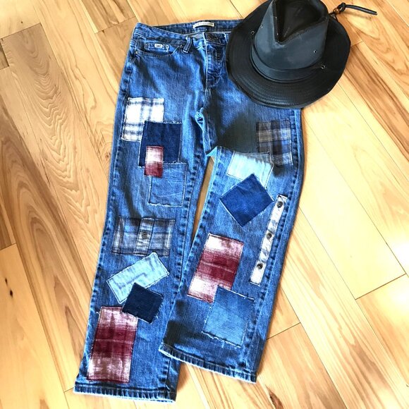 Upcycled Flannel Patchwork Jeans, Size 10P: Distressed Denim & Plaid Patches - Picture 8 of 13